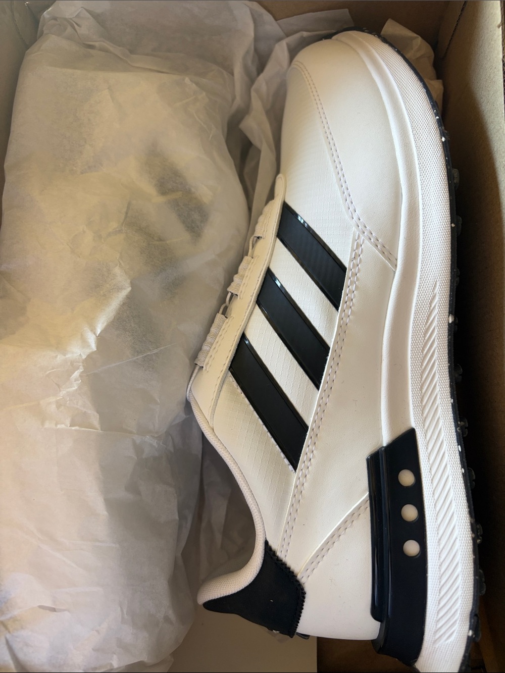 adidas White and Black Men's Golf Shoes with Three-Stripes - Picture 1 of 4